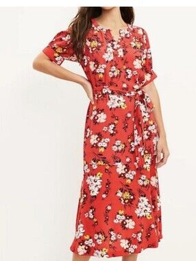 LOFT Coral Floral Tie-Front Midi Dress